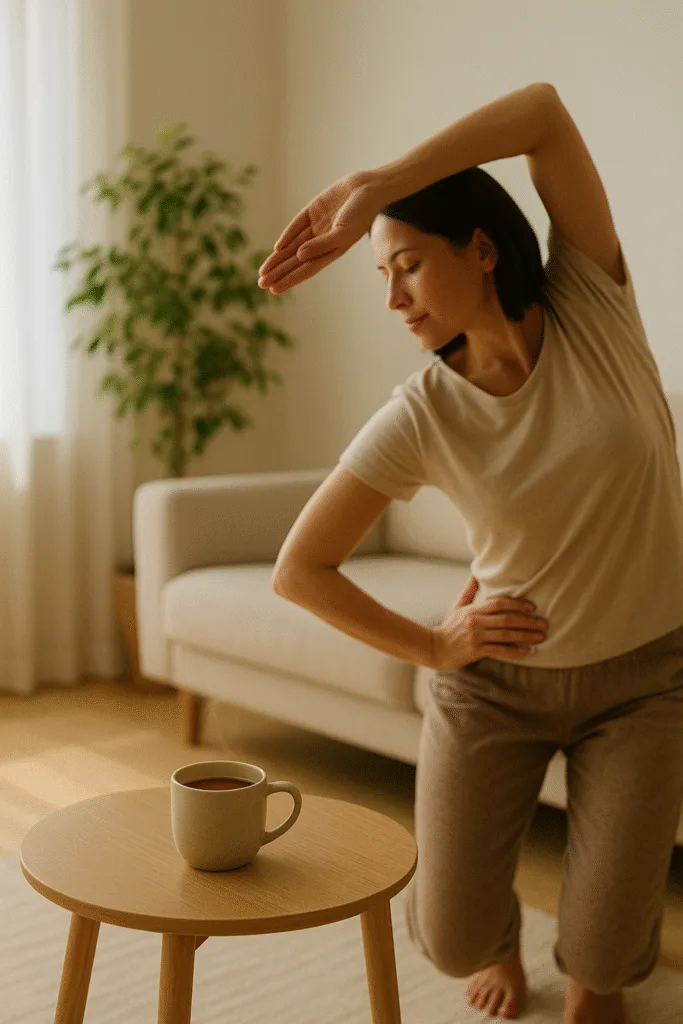 “person doing simple daily movements that enhance mushroom benefits”