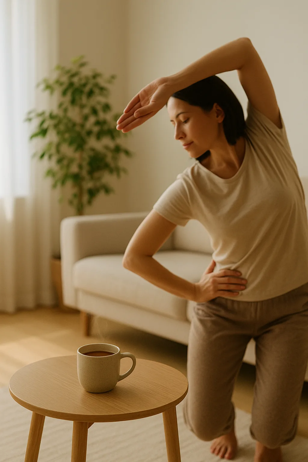“person doing simple daily movements that enhance mushroom benefits”