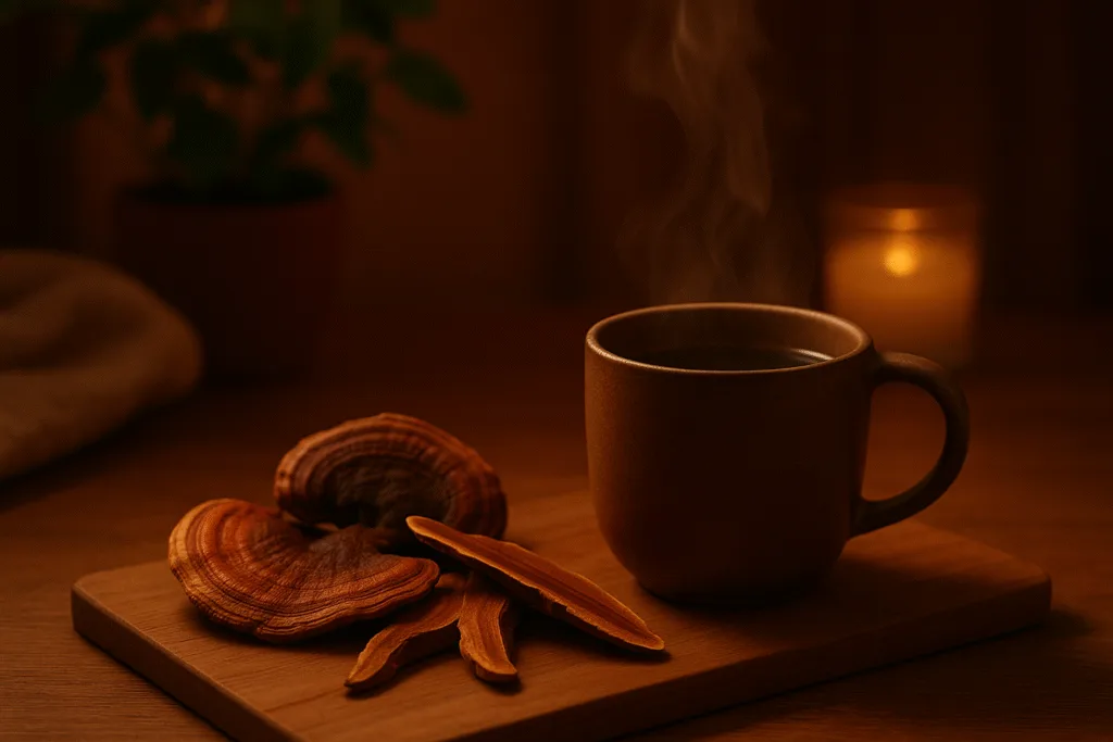 “reishi stress relief scene with warm reishi drink and soft lighting”