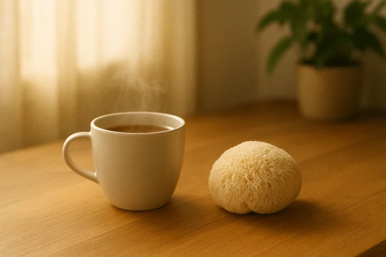 10 Morning Micro-Habits Using Lion’s Mane for Natural Energy “how lion’s mane boosts your day in a calming morning scene with warm drink on a wooden table”