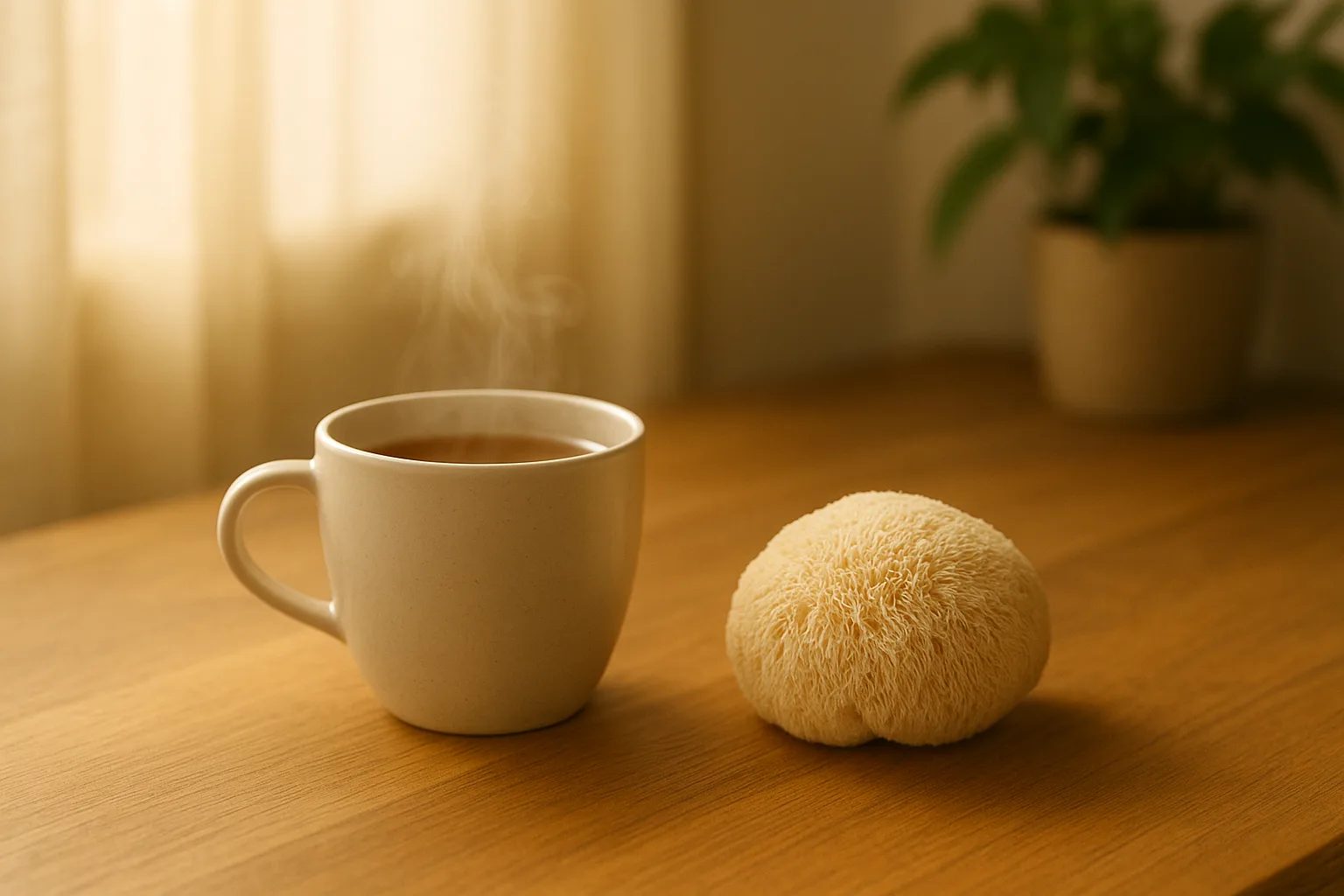 “how lion’s mane boosts your day in a calming morning scene with warm drink on a wooden table”