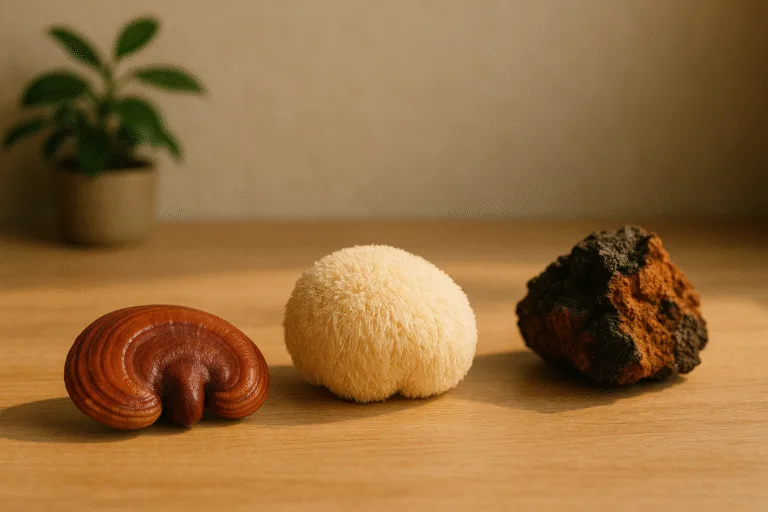 stress relief mushrooms on a calming wooden table with warm light
