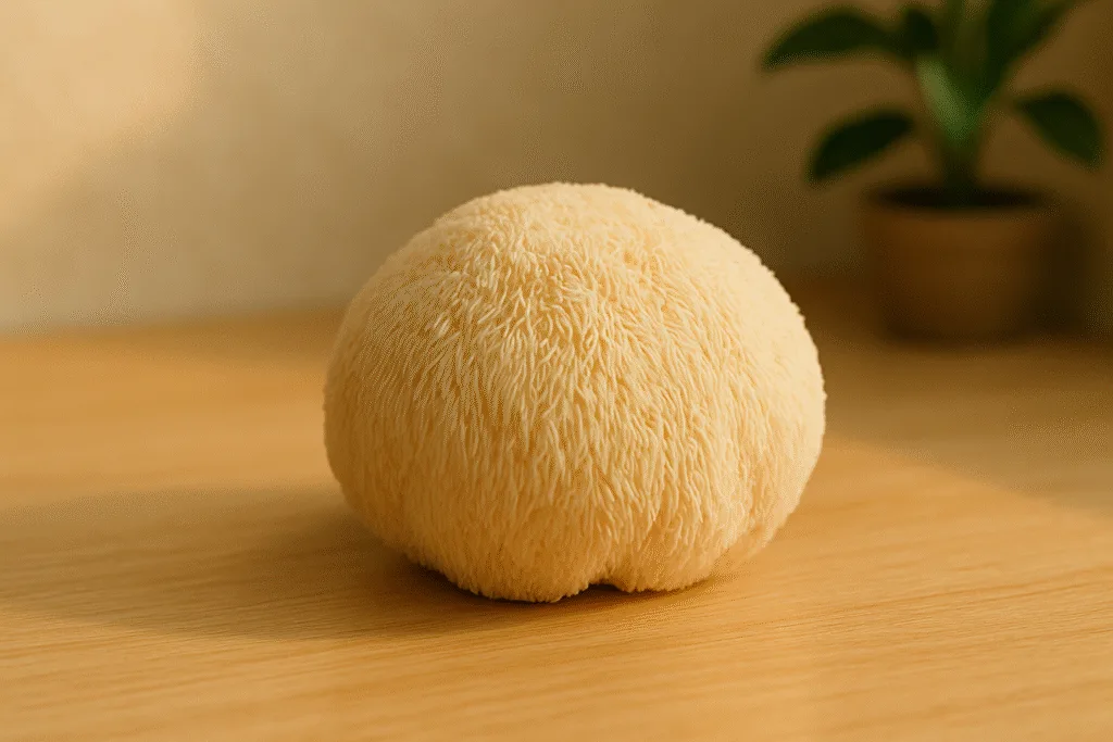 “lion’s mane guide mushroom on wooden table with warm natural light”