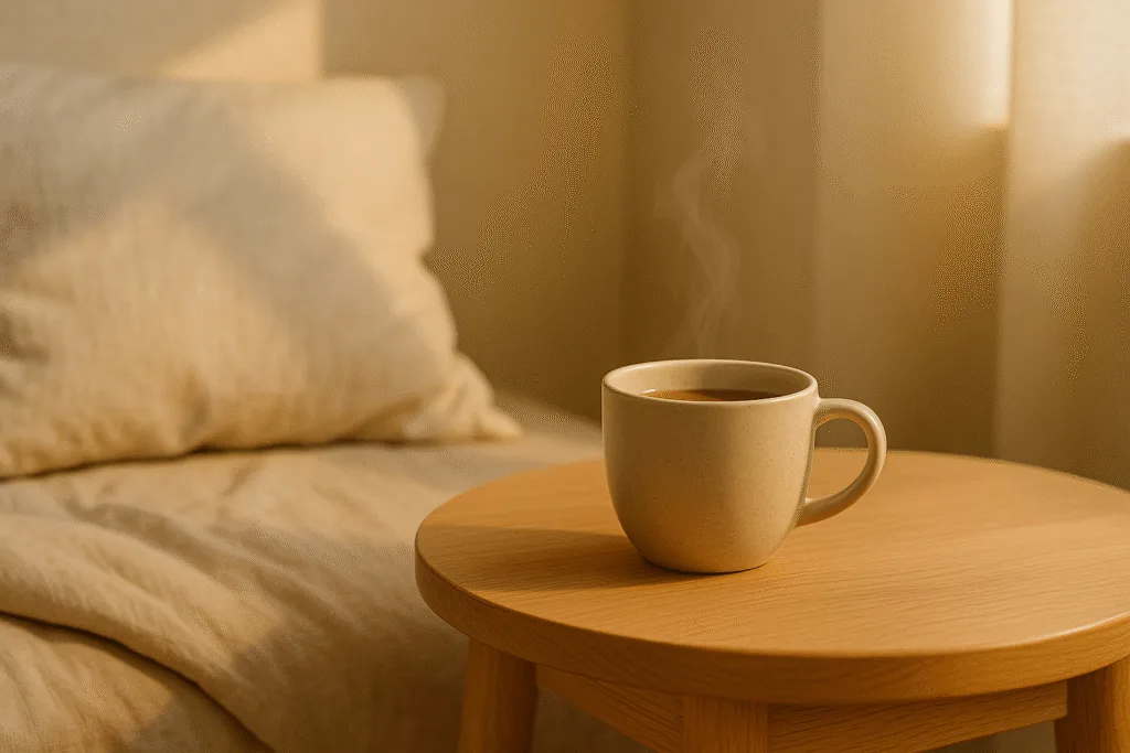 “morning fatigue solutions scene with sunlight warm drink and calm routine elements”