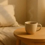 “morning fatigue solutions scene with sunlight warm drink and calm routine elements”