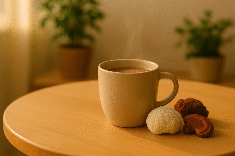 Morning Mushroom Drinks That Replace Coffee “morning mushroom drinks on a wooden table with warm sunlight”
