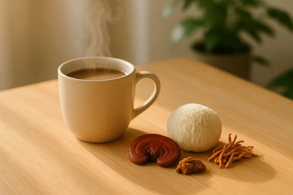 “morning mushroom stack with lion’s mane reishi and cordyceps on a wooden table”