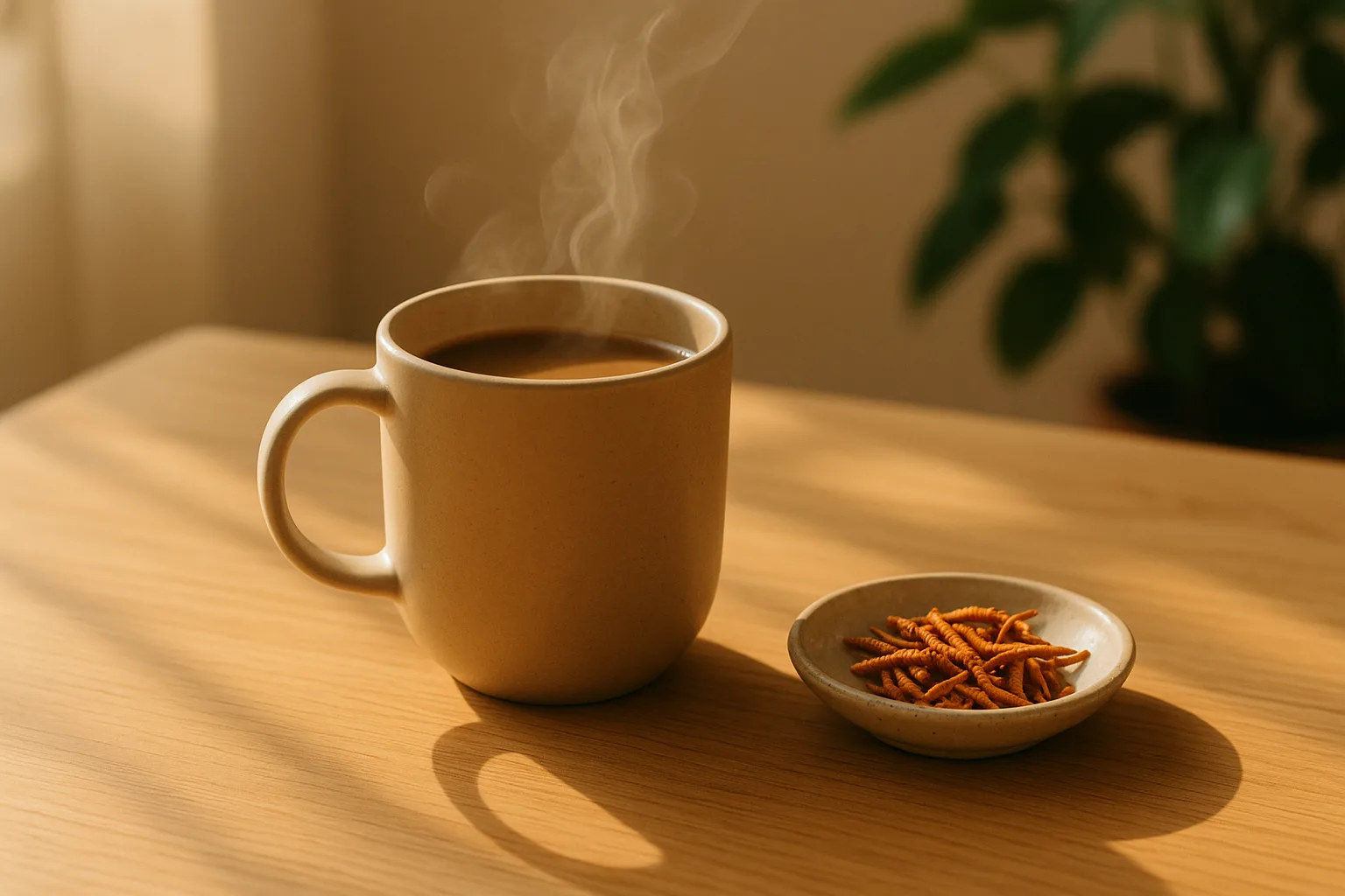 “cordyceps morning ritual with warm drink on a wooden table”