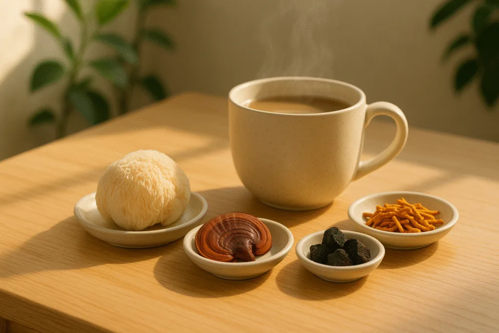 “morning mushroom routine with warm drink and natural light”