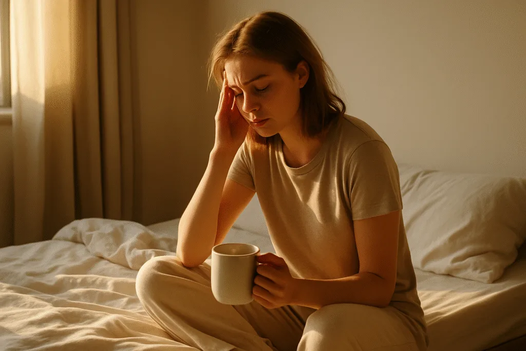 “morning fatigue science tired person waking with warm light”