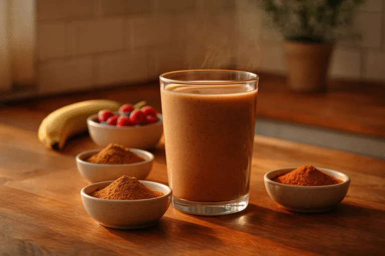 “mushroom energy smoothies with warm sunlight in a kitchen scene”