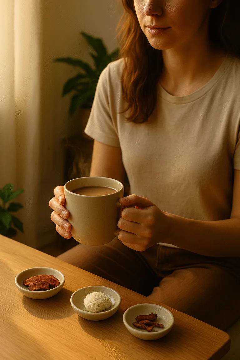 “morning anxiety routine grounding with calming mushroom drink”