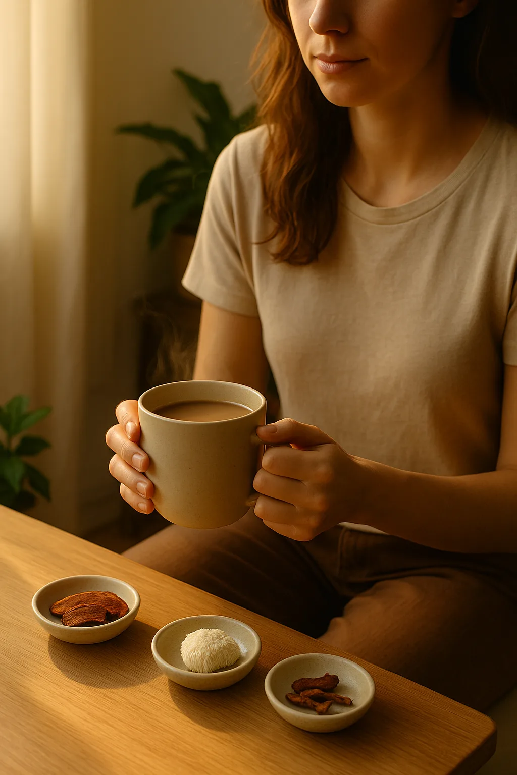 “morning anxiety routine grounding with calming mushroom drink”