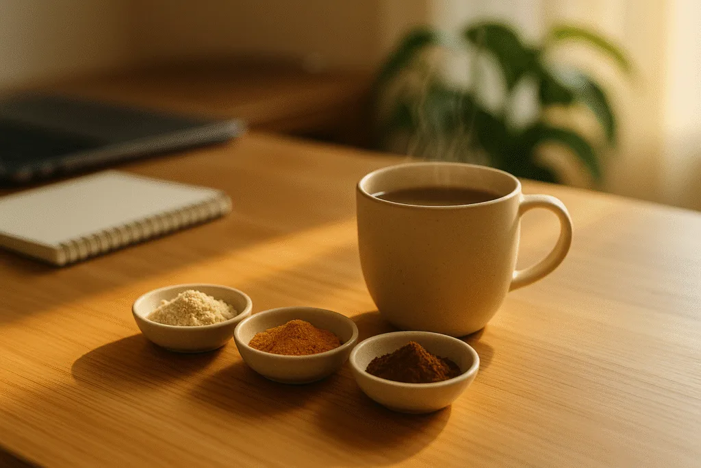 “mushroom focus stack with lion’s mane chaga cordyceps on desk”