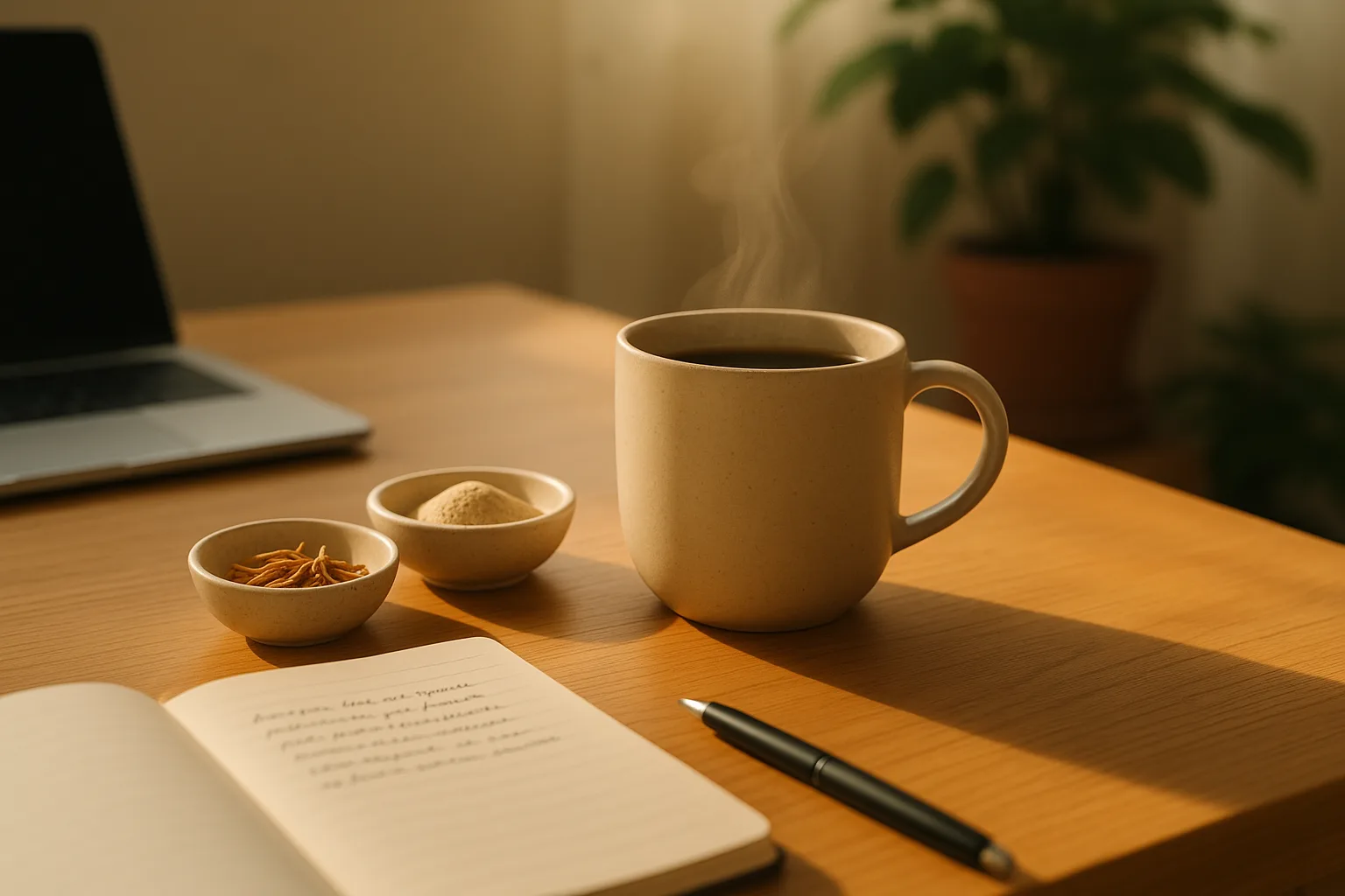 “natural focus alternatives with mushroom drink and sunlight on desk”