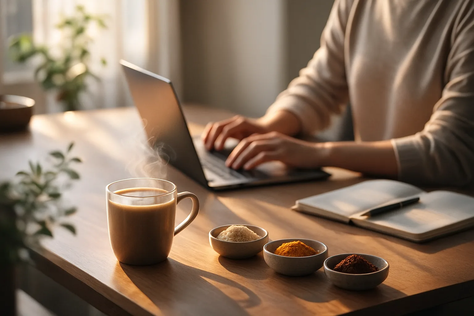 “2 pm energy crash avoided with mushroom drink on work desk”