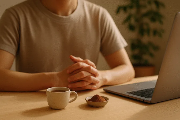 “1 minute focus reset with cordyceps drink and slow breathing on desk”