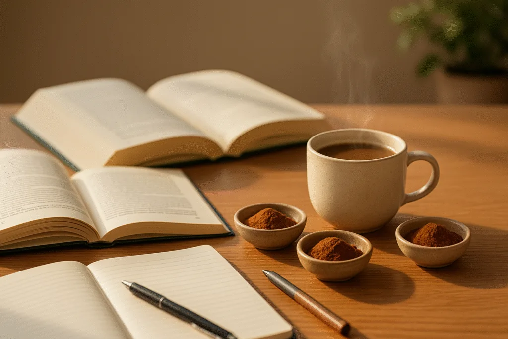“study desk with mushroom drinks and powders representing best mushrooms for students”