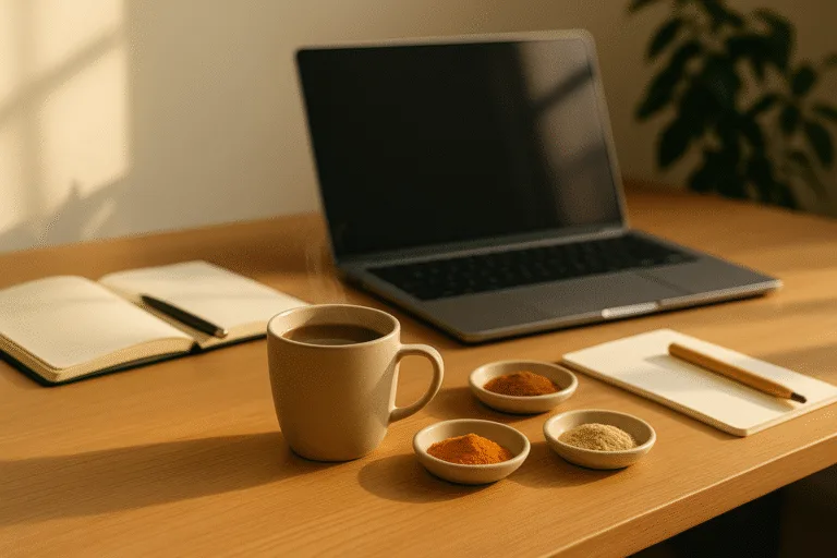 “office desk with adaptogen mushroom drink reducing workplace stress”