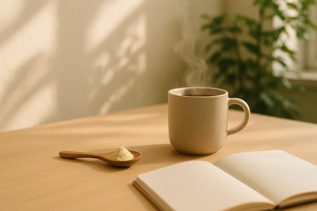“microdosing lion’s mane powder on desk with warm mushroom drink”