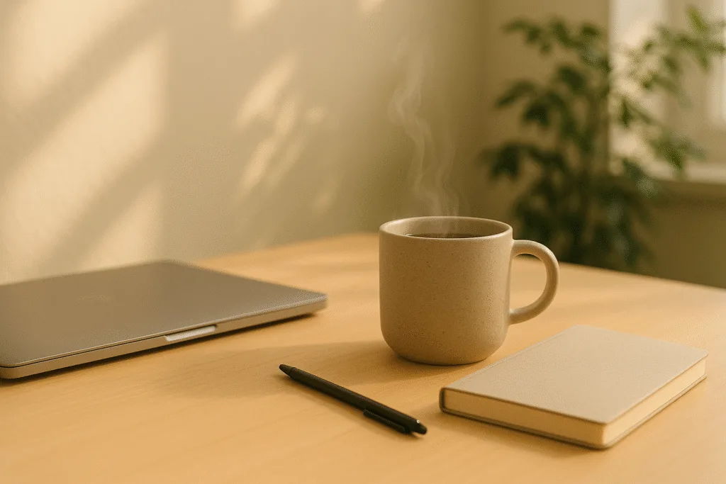 “workspace with mushroom drink representing productivity routine without stimulants”