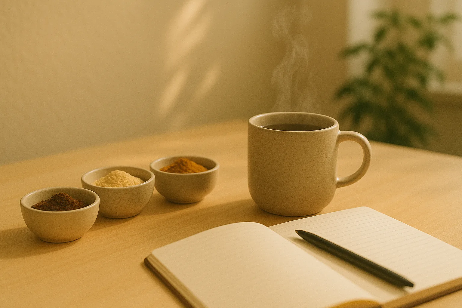 “mushroom drink and powders on a desk representing a brain fog fix routine”