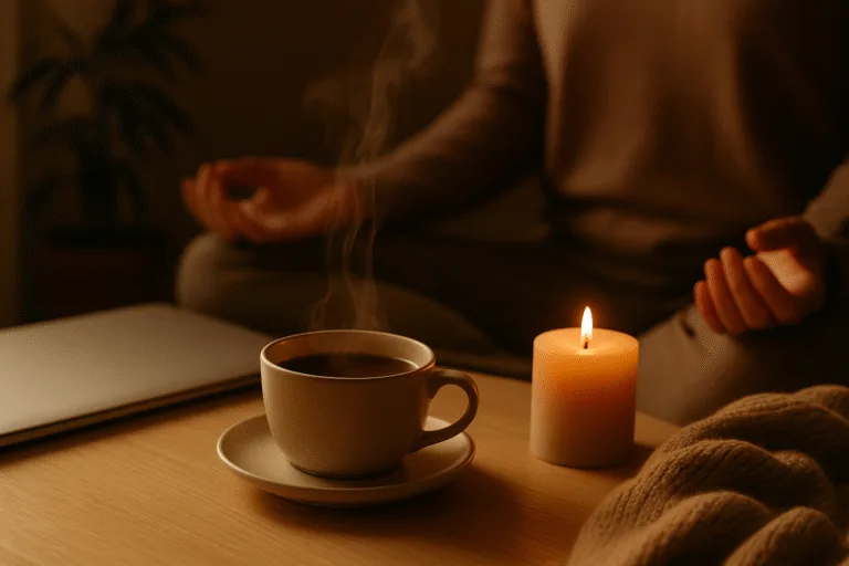 “reishi mushroom drink with soft breathing moment representing an anti-stress routine”