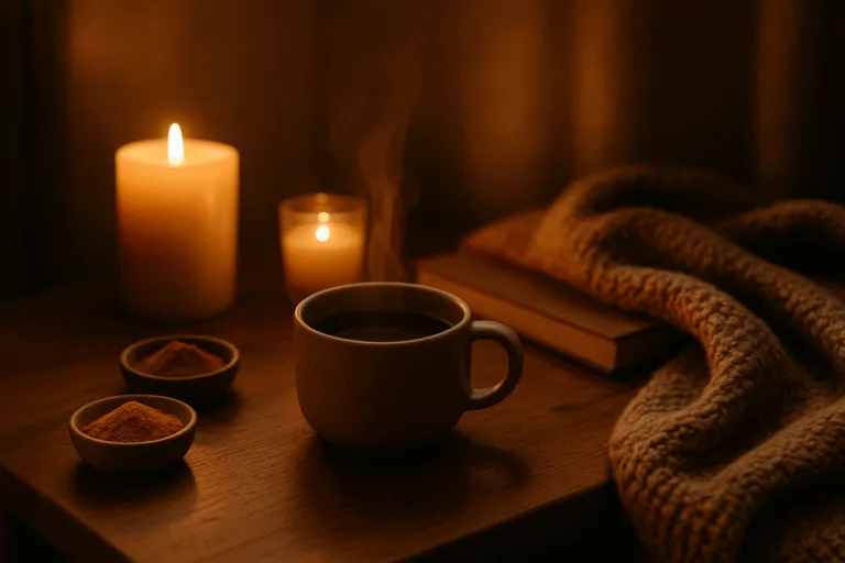 “cozy nighttime scene with warm mushroom drink for deep relaxation”