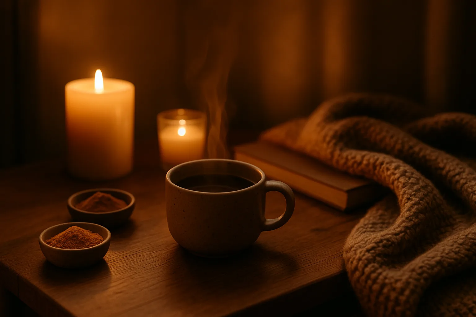 “cozy nighttime scene with warm mushroom drink for deep relaxation”