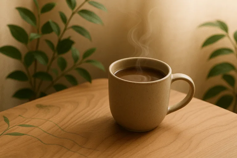 “calming mushroom drink and natural elements supporting nervous system regulation”