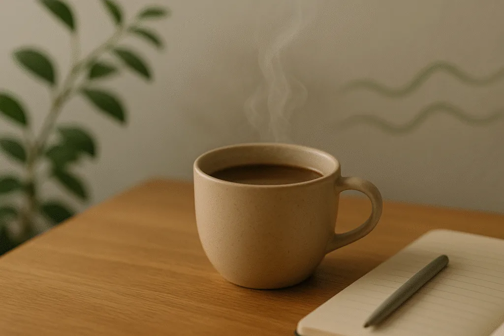 “warm mushroom drink and calm morning scene to ease work anxiety mornings”