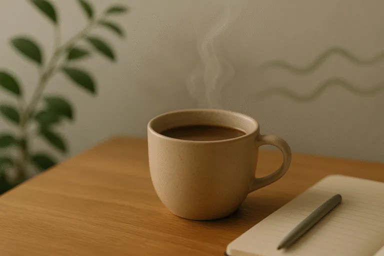 “warm mushroom drink and calm morning scene to ease work anxiety mornings”