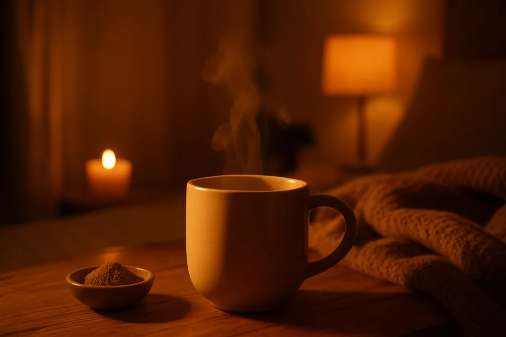 “warm nighttime reishi drink creating a calming sleep ritual atmosphere”