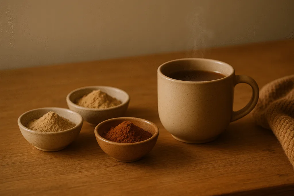 “bowls of adaptogens and mushroom drink representing adaptogens for stress”