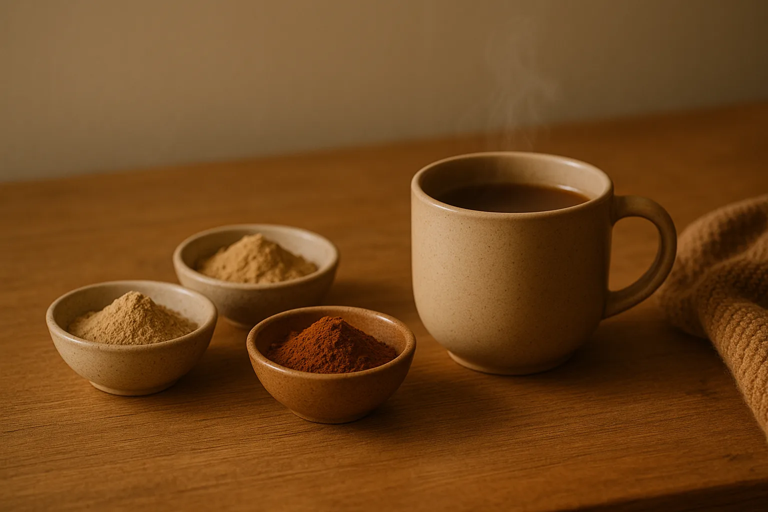 “bowls of adaptogens and mushroom drink representing adaptogens for stress”