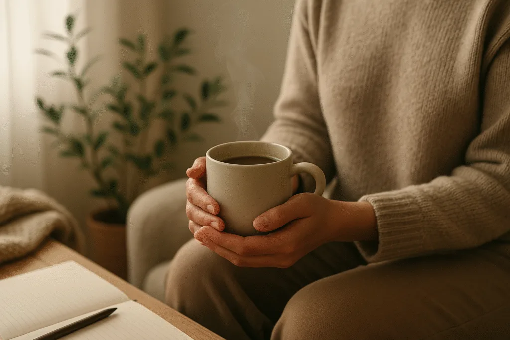 “warm mushroom drink held in hands creating calm during emotional overwhelm”
