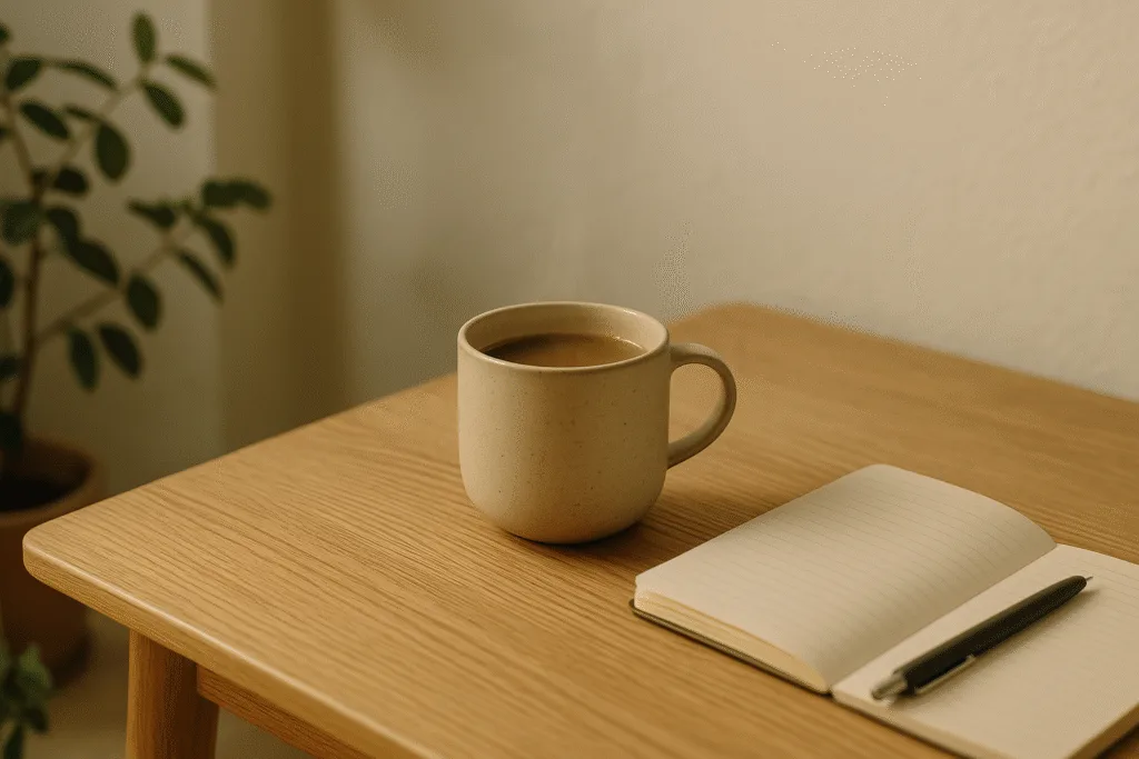 Mushroom-Based Habits for a More Peaceful Day “warm mushroom drink and peaceful workspace representing mushroom-based habits”