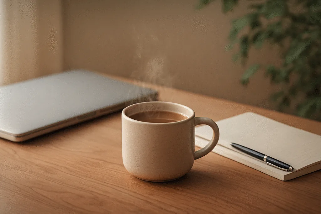 60-Second Lion’s Mane Ritual Before Work “warm lion’s mane drink on a desk representing a pre-work ritual”