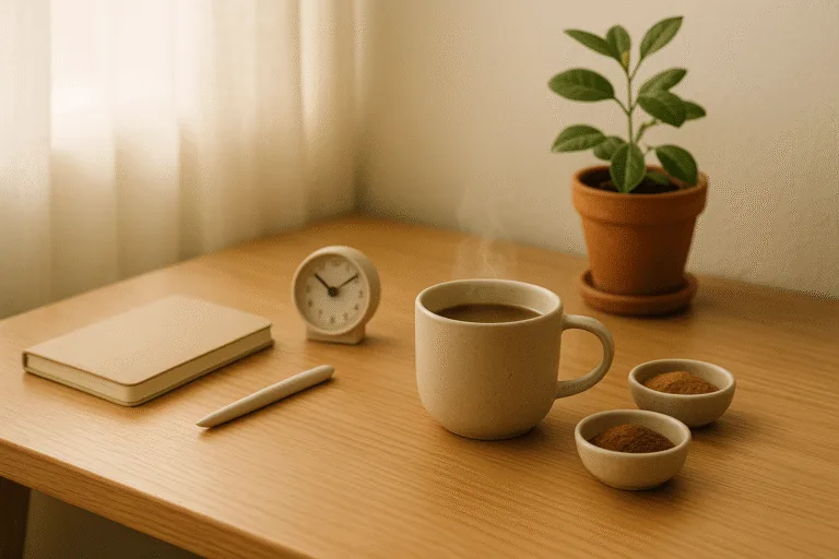 How to Build a Daily Routine Using 3x Micro-Habits + Mushrooms “warm mushroom drink and items representing daily routine micro-habits”