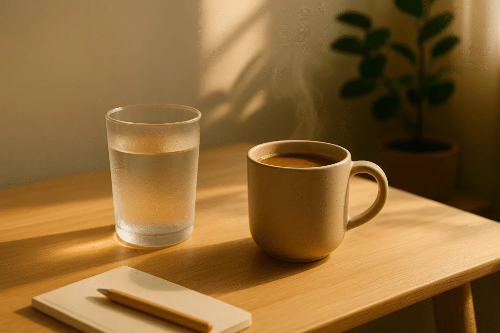 “cold water and warm cordyceps drink on a table representing a morning ritual”