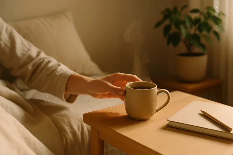Daily Micro-Habits for People Who Wake Up Exhausted “morning exhaustion micro-habits with warm mushroom drink on bedside table”