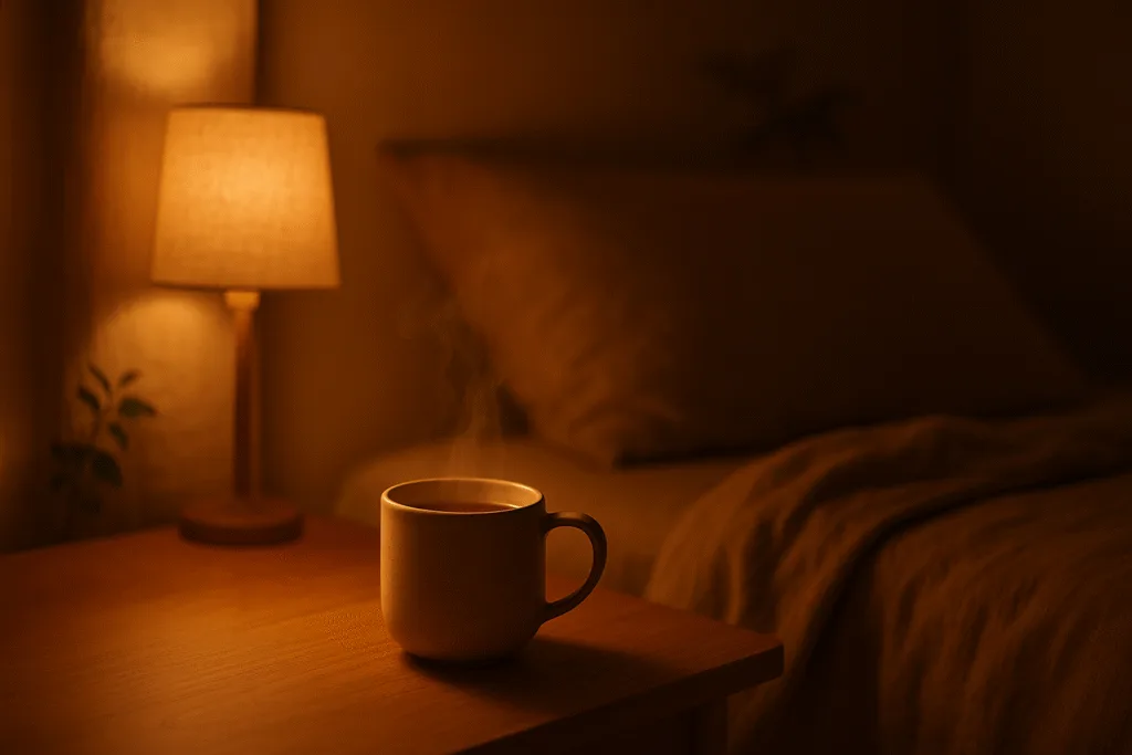 “morning exhaustion micro-habits with warm mushroom drink on bedside table”