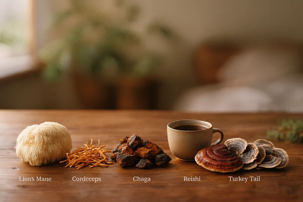“best time of day mushrooms arranged on wooden table with warm light”