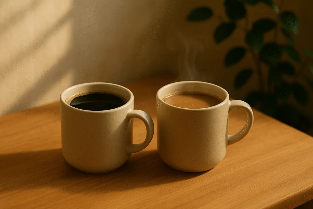 “mushroom coffee vs regular coffee cups on wooden table with natural light”