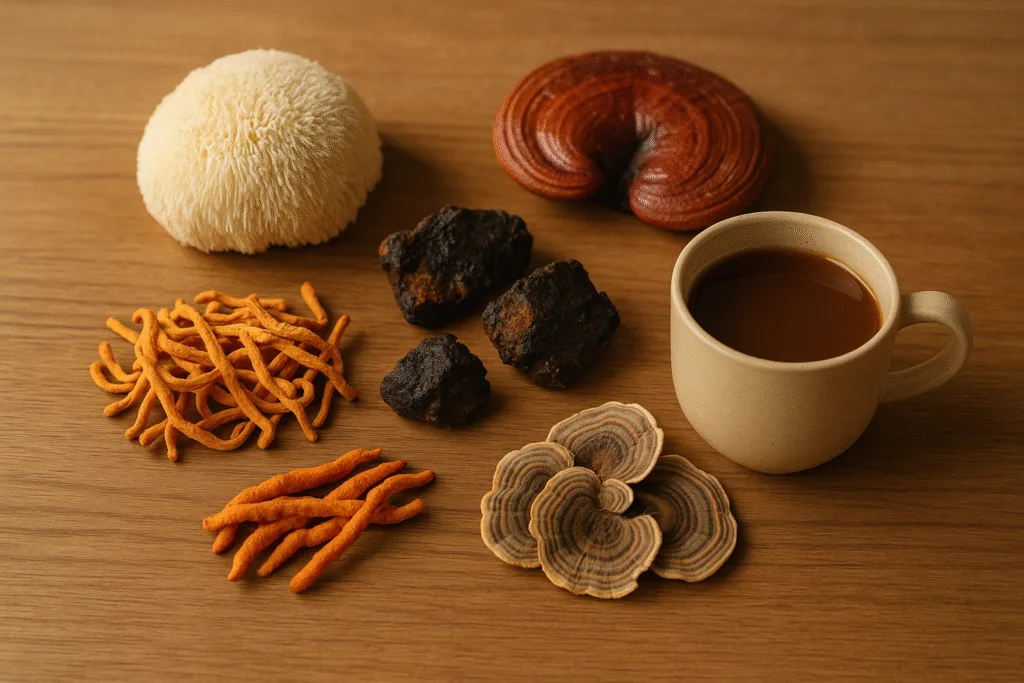 “functional mushrooms safety with assorted mushrooms on wooden surface”