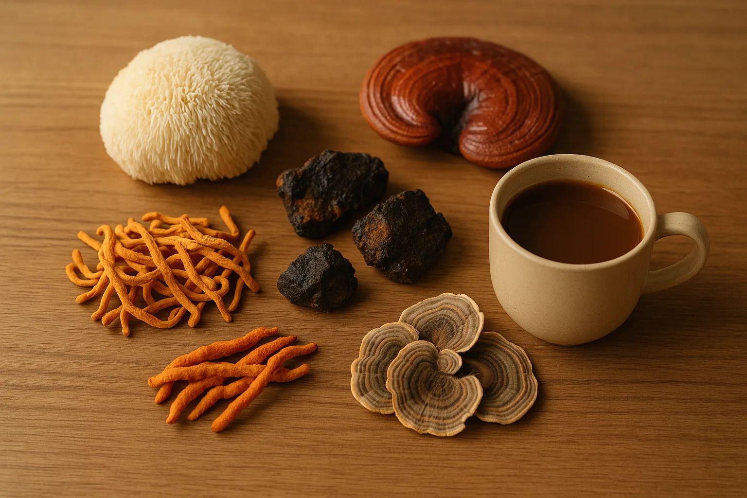 “functional mushrooms safety with assorted mushrooms on wooden surface”