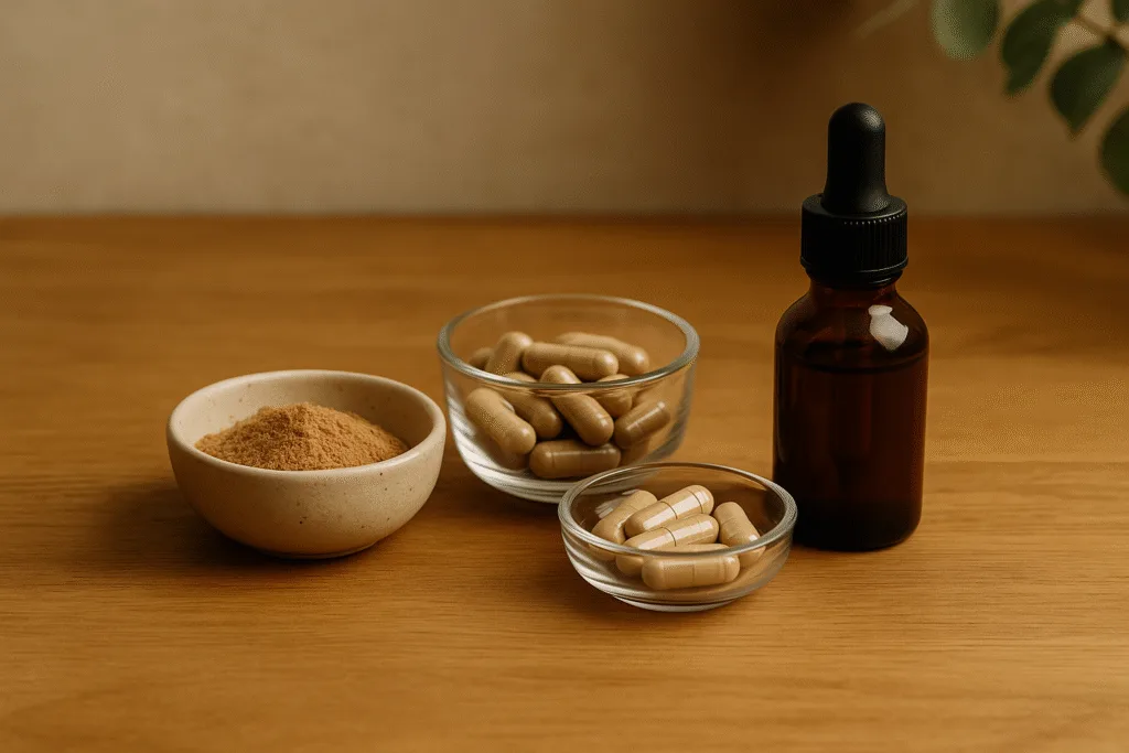 “mushroom powder capsules extracts displayed on wooden table under soft light”