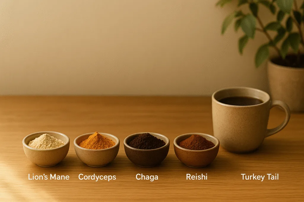 “daily mushroom stacks beginners setup with powders capsules and extracts on wooden table”