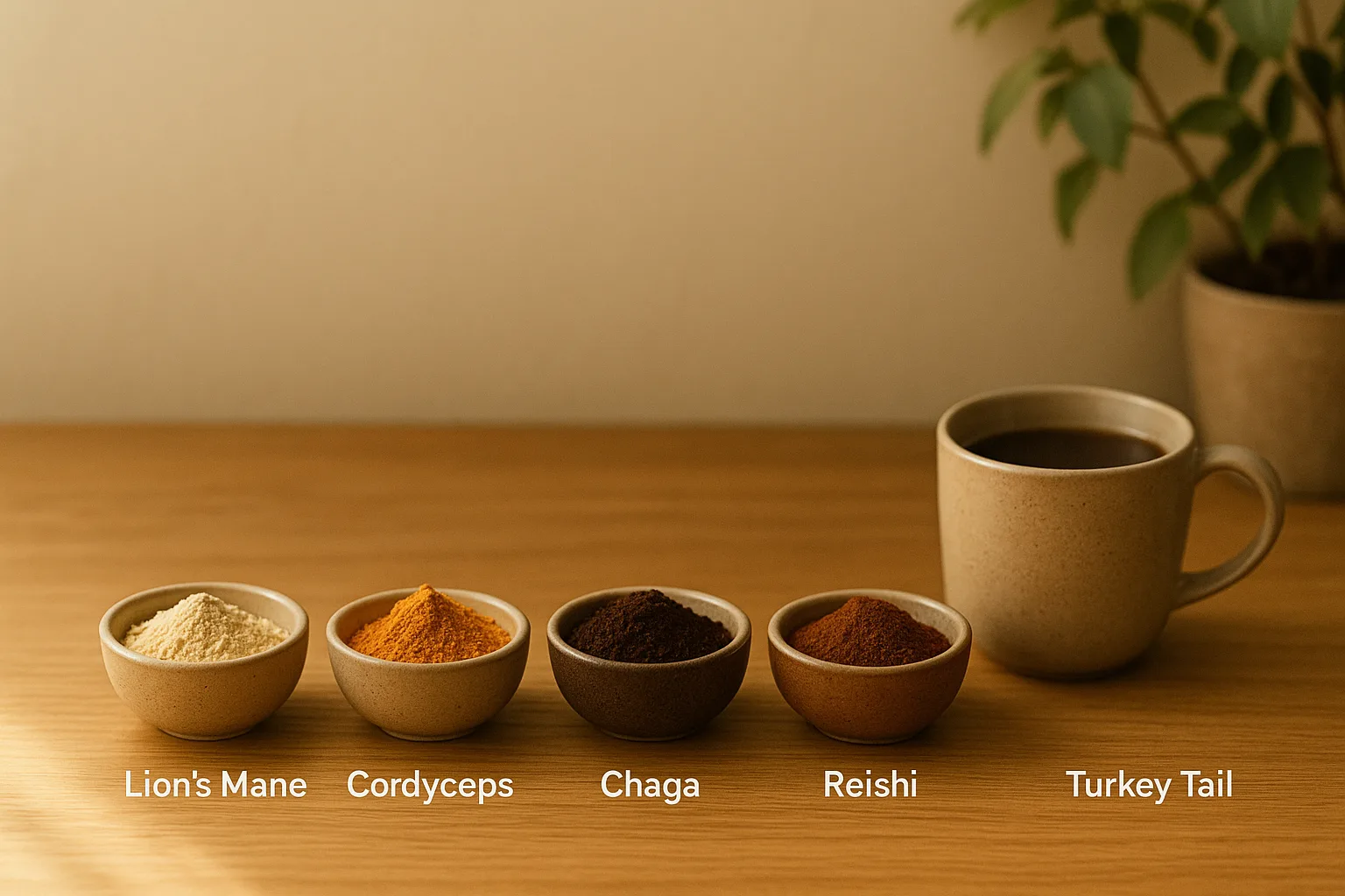 “daily mushroom stacks beginners setup with powders capsules and extracts on wooden table”