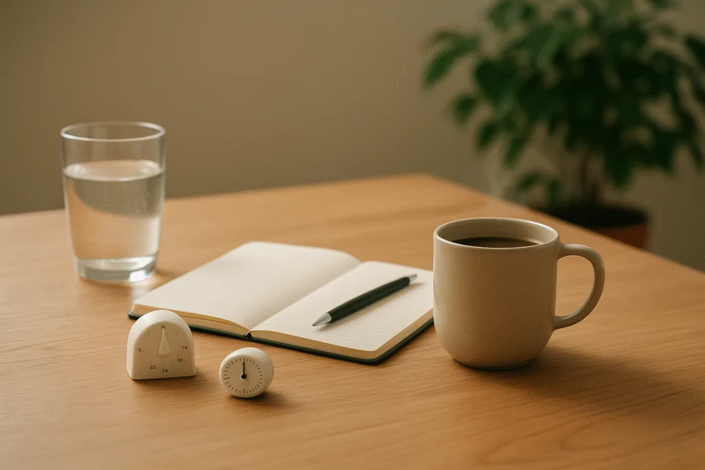 “workspace with warm drink and objects symbolizing the 3 micro-habit formula for focus”